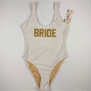 NWT Ravesuits BRIDE One Piece Swimsuit White & Gold Bridal Bachelorette Medium